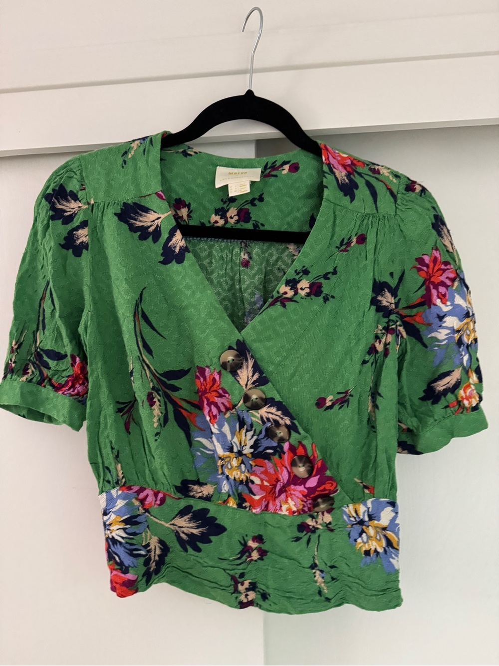 Maeve by Anthropologie Green Floral Cropped Blouse